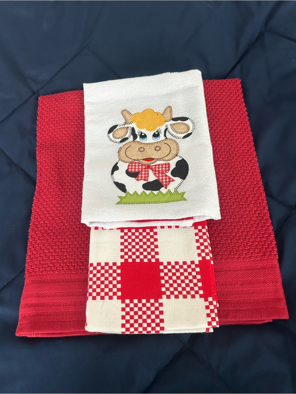 Red Cow Patch Kitchen Towel Set - Cute Cow Design - Set of 5